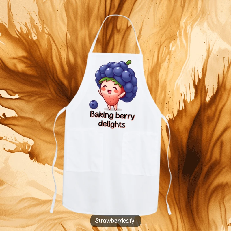 Funny apron showing a tiny strawberry character trying to wear a giant blueberry as a hat, perfect for a whimsical cook.
