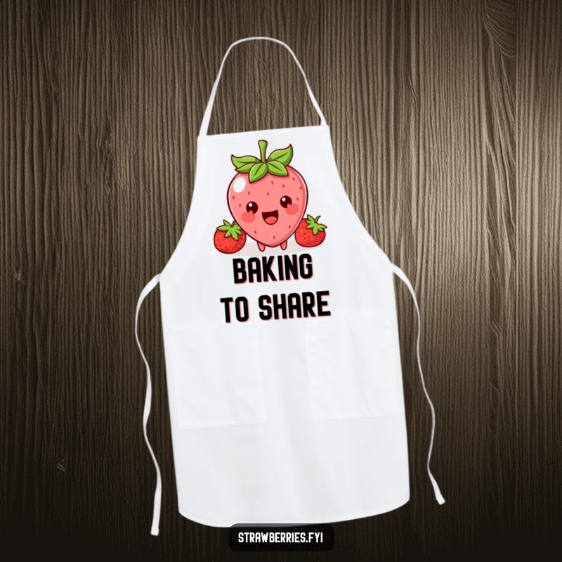 Funny apron design featuring a smiling Kawaii strawberry character offering a tiny bite, perfect for a friendly chef.