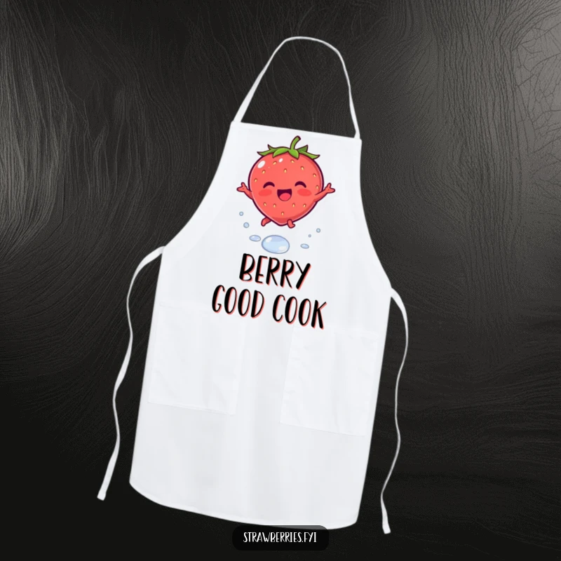 Funny apron with a joyous kawaii strawberry character leaping playfully over a dewdrop, perfect for sweet kitchen activities.
