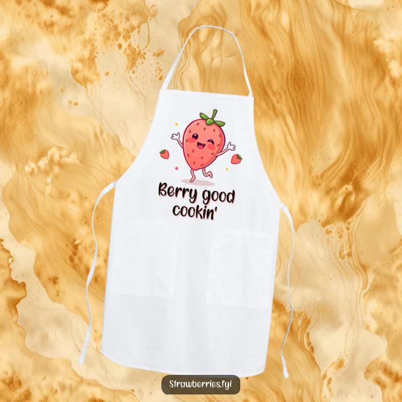 Funny apron featuring a jubilant anthropomorphic strawberry dancing energetically, making cooking a joyful experience.