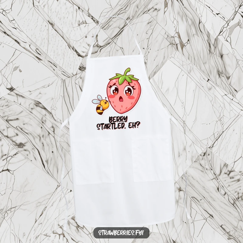 Funny strawberry character reacting comically to a bee, kitchen apron for cooking and baking fun.