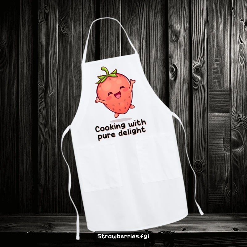 Funny apron featuring a happy Kawaii strawberry character performing an exuberant leap, perfect for a cheerful cook.