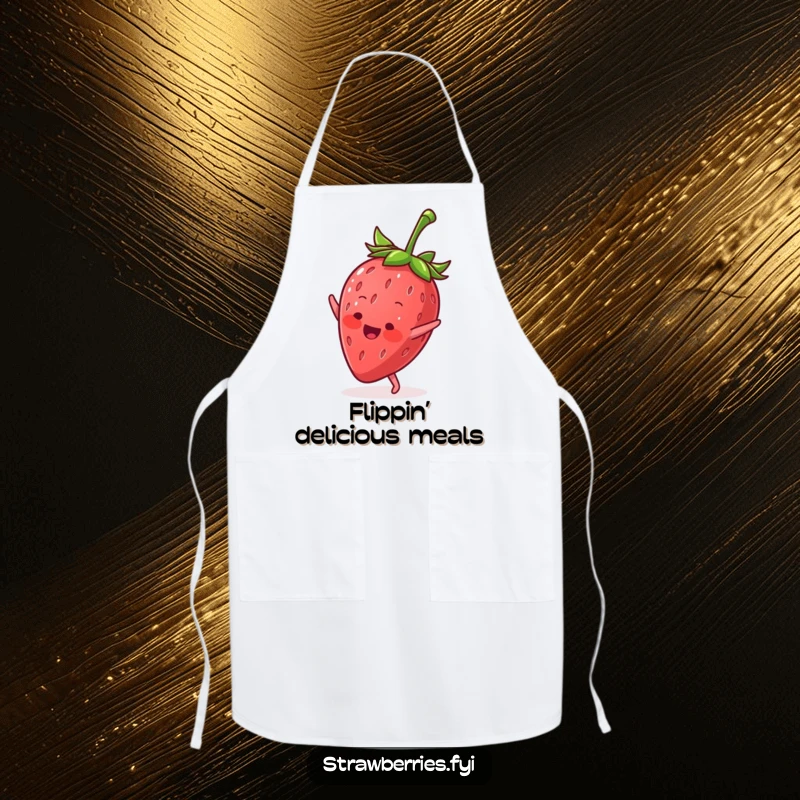 Funny apron showcasing a happy anthropomorphic strawberry performing a cartwheel, perfect for a dynamic kitchen.