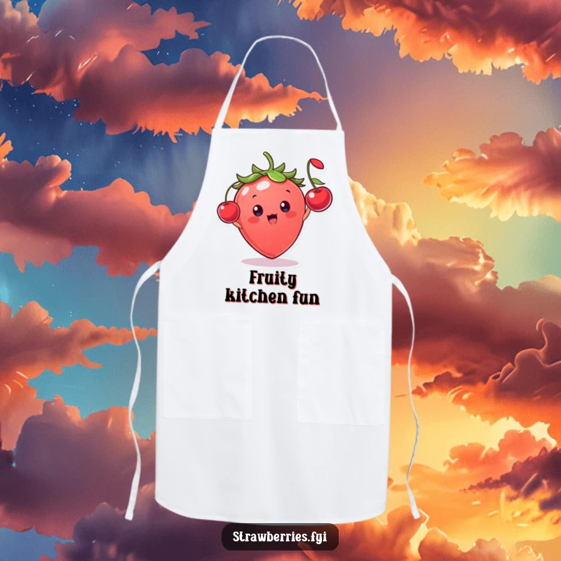 Funny strawberry character gleefully tossing a miniature cherry, a humorous and functional kitchen apron.