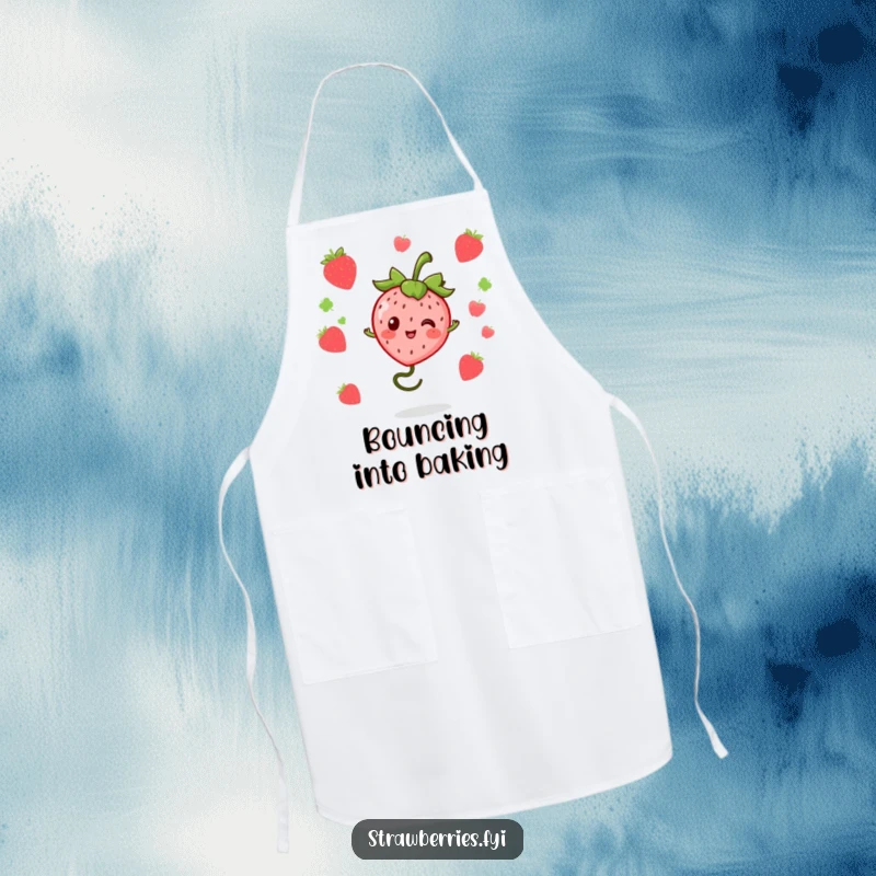 Funny kawaii strawberry character bouncing on a springy stem, featured on a foodie apron, ideal for cooking with playful, humorous flair.
