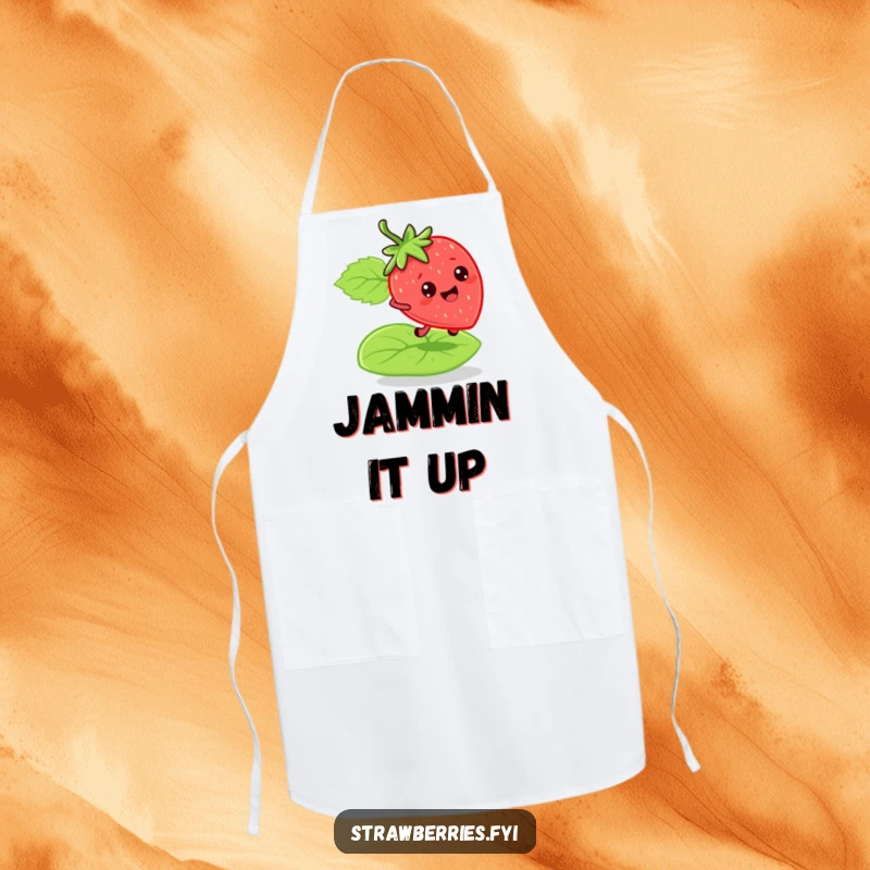 Funny bouncy strawberry apron featuring a character joyfully bouncing on a soft green leaf, ideal for kitchen use with energetic humor.
