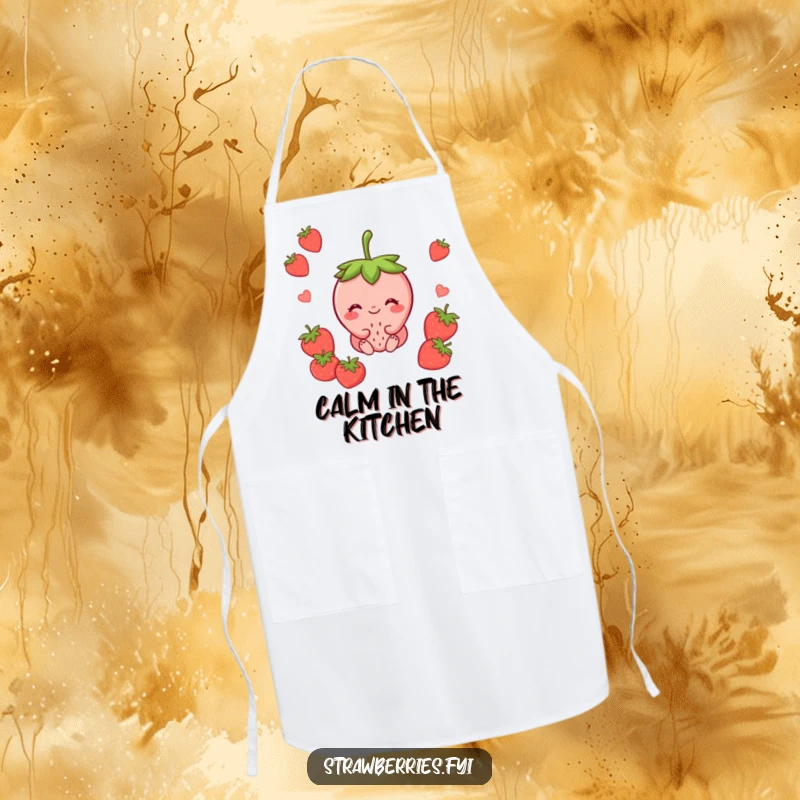 Funny apron featuring a peaceful strawberry character sitting with a contented smile, adding a calm and humorous touch to cooking.