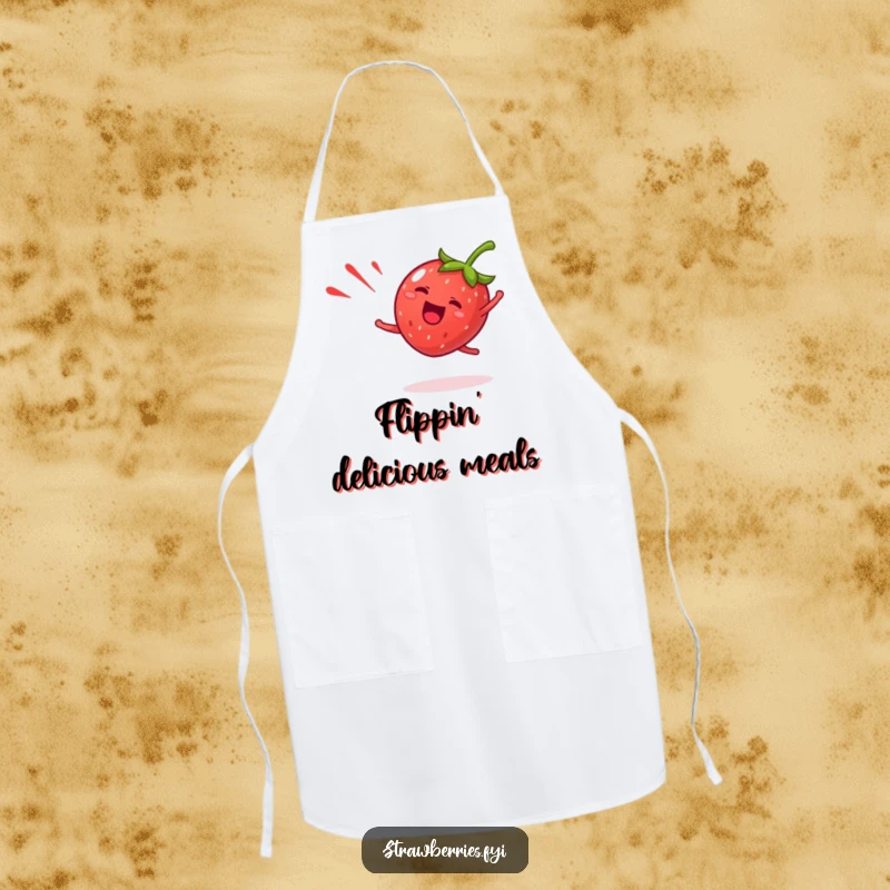 Funny strawberry apron showing a giddy fruit character doing a happy cartwheel with a red streak, adding humorous energy to kitchen tasks.