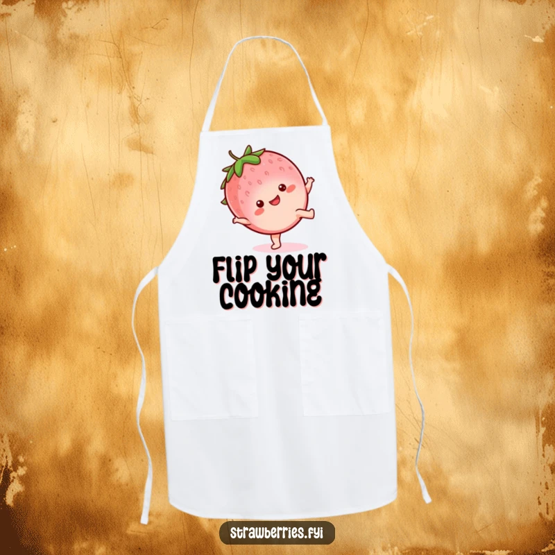 Funny Apron: Kawaii strawberry character in a happy cartwheel, bringing a cheerful and fun element to kitchen activities.