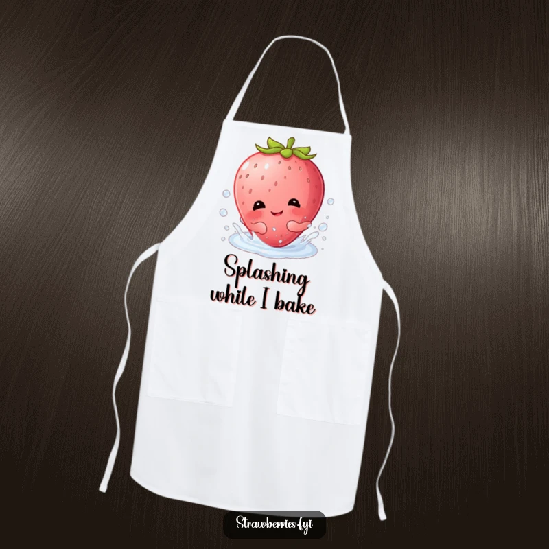 Funny apron design featuring a happy Kawaii strawberry character giggling and splashing playfully in a dewdrop.
