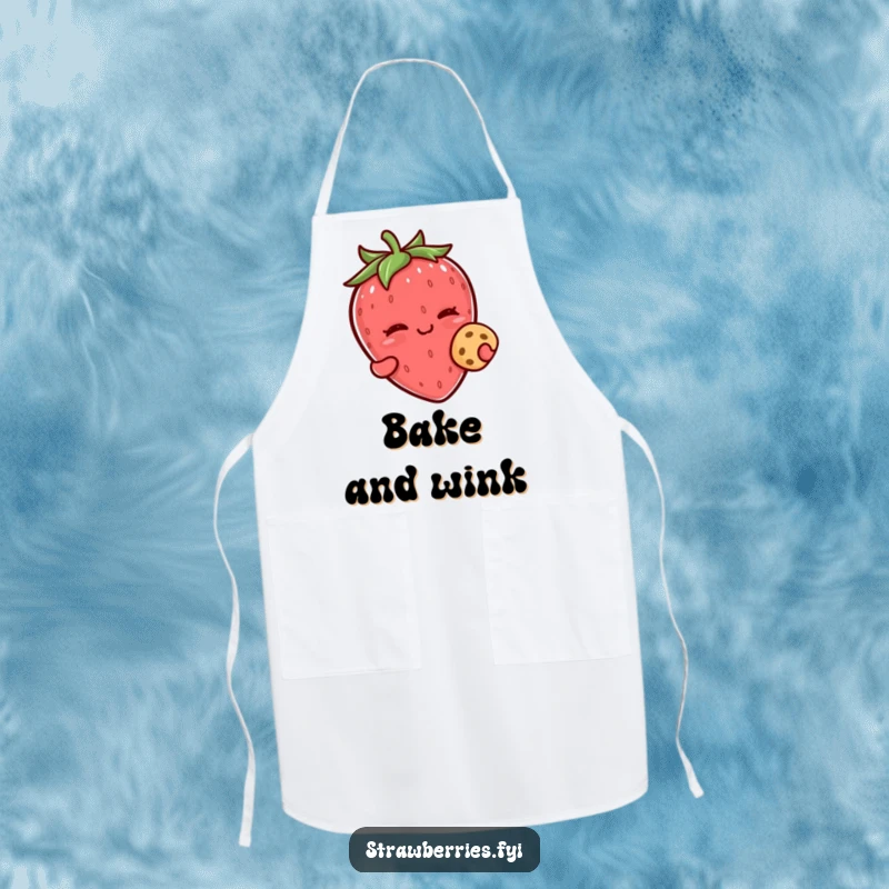 Funny kawaii strawberry character winking while holding a small cookie on this humorous apron.
