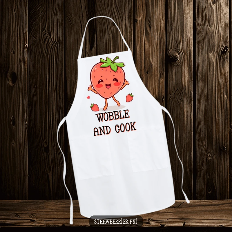 Funny kawaii strawberry character doing a happy wobble dance on this humorous cooking apron.