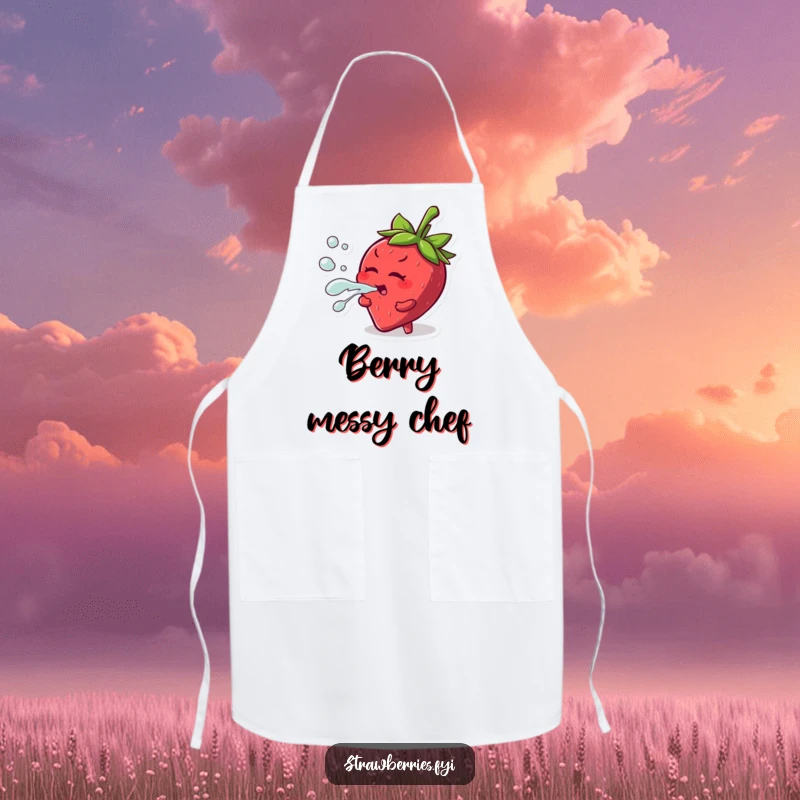 Funny apron with a mischievous strawberry character playfully squirting juice, ideal for kitchen fun and messes.
