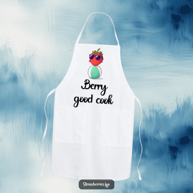 Funny strawberry character wearing sunglasses balancing on a beach ball, a humorous apron for summer chefs.