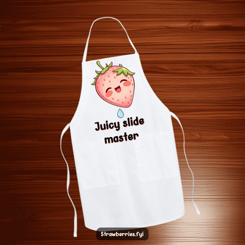 Funny apron with a laughing strawberry character sliding down a dew drop, adding a humorous touch to kitchen activities.