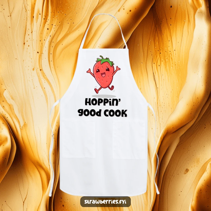 Funny apron with a joyful strawberry character performing excited little hops, adding a humorous and energetic touch to kitchen tasks.