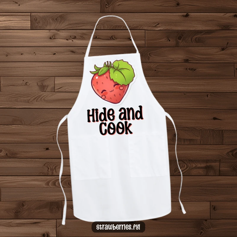 Funny apron featuring a strawberry character peeking from behind a leaf, perfect for cooking with a playful, humorous touch.