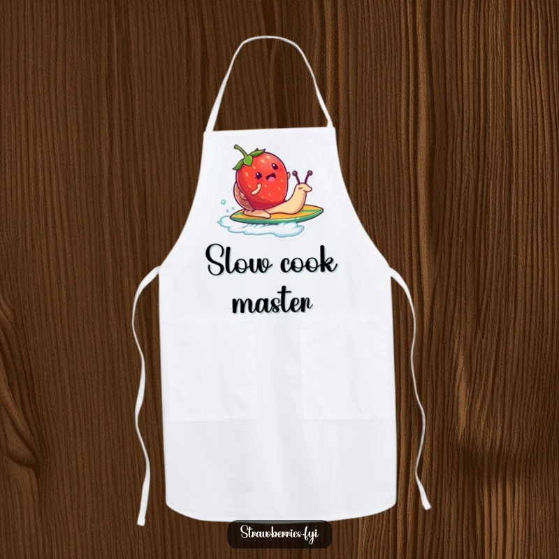 Funny apron showing a strawberry character surfing on a snail like a surfboard, adding playful and quirky style to cooking.