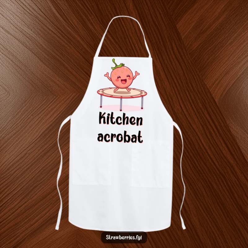 Funny cheerful strawberry character joyfully bouncing on a giant trampoline, a humorous and functional kitchen apron.