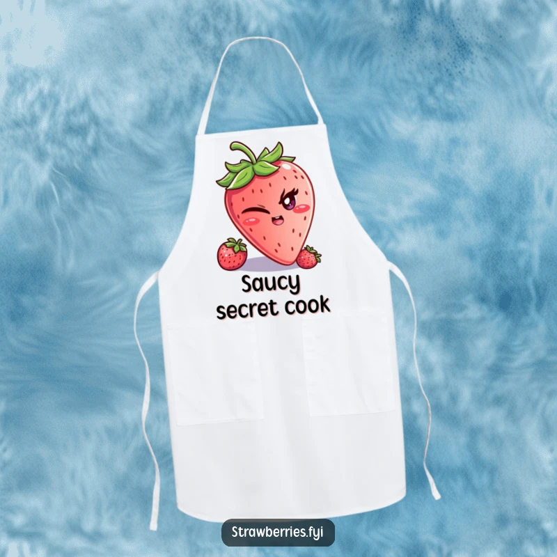 Funny apron featuring a winking strawberry character with a mischievous glint, perfect for cooking with playful, humorous flair.