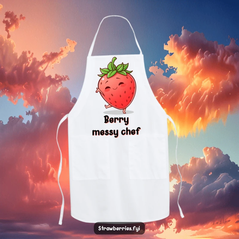 Funny apron featuring a wobbly anthropomorphic strawberry hilariously attempting a graceful yoga pose, perfect for a humorous cooking experience.