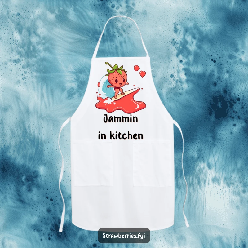 Funny Apron: A strawberry surfing a large wave of jam, a humorous and practical kitchen accessory for breakfast lovers.