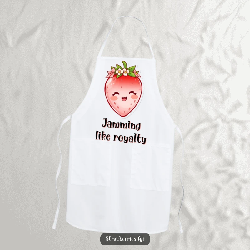 Funny strawberry apron featuring a delighted character wearing a tiny flower petal crown, perfect for kitchen use with royal humor.