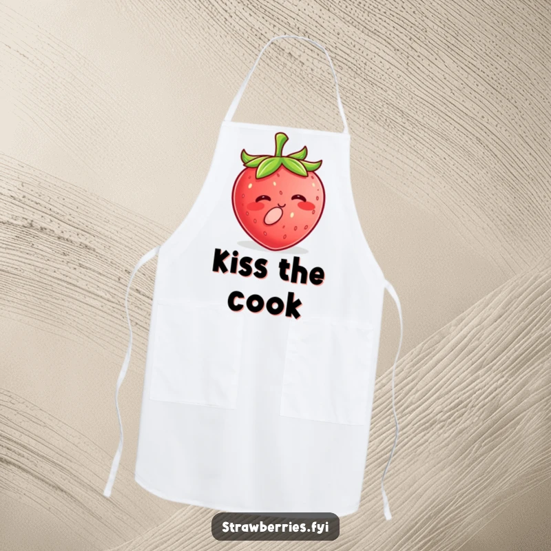Funny Kawaii Strawberry Apron with a happy character puckering lips to give a tiny, sweet kiss while cooking.