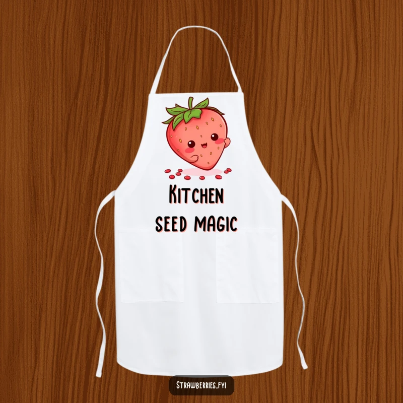 Funny Kawaii Strawberry Apron showing a character playfully flourishing its seeds while cooking or baking.