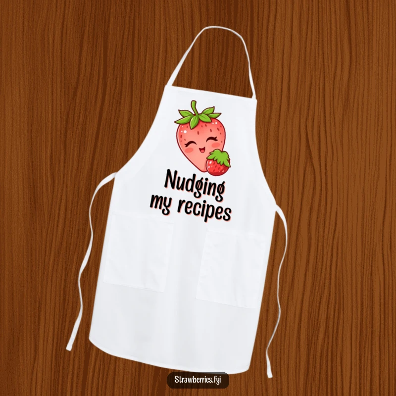 Funny apron showcasing a winking strawberry playfully nudging a berry, perfect for adding humor to kitchen activities.