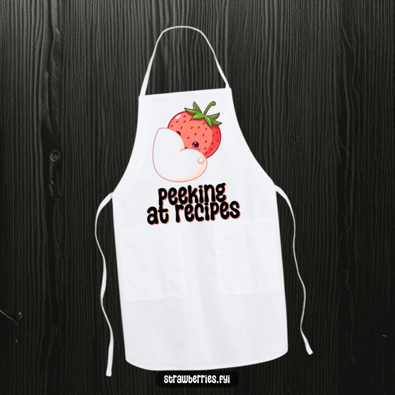 Funny apron showcasing a shy strawberry peeking from behind a petal, perfect for adding gentle humor to kitchen activities.