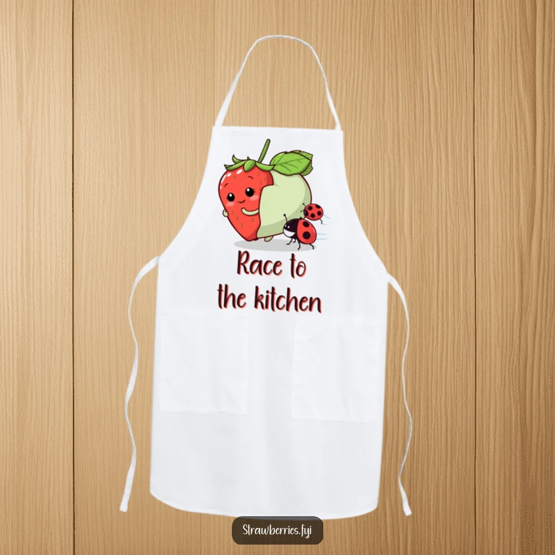 Funny apron with a playful strawberry character racing a ladybug, perfect for cooking with humorous flair.