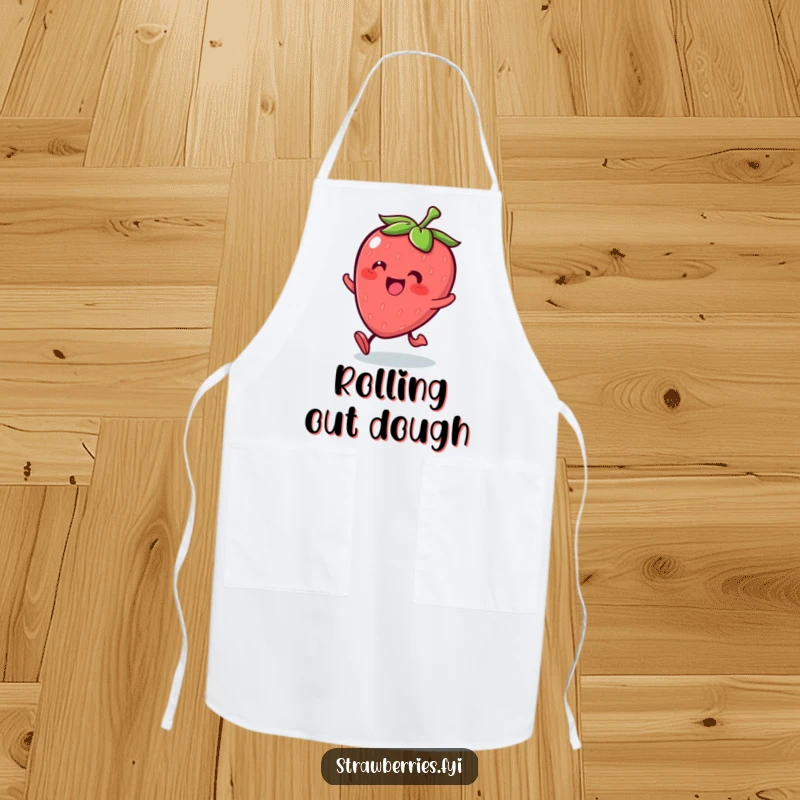 Funny Kawaii strawberry character rolling with glee on a functional apron, adding kitchen cheer.