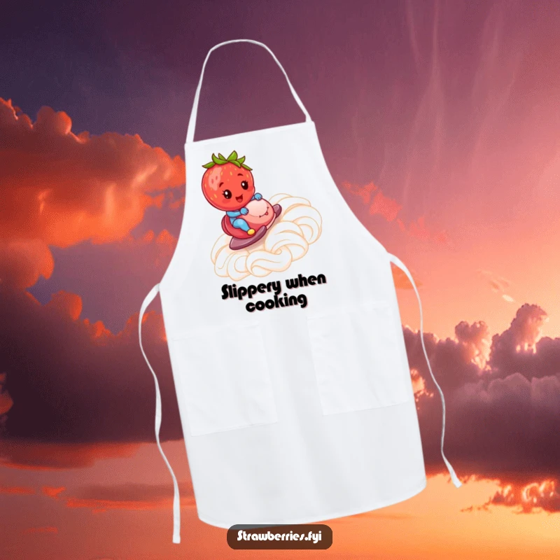 Funny Apron: A strawberry zooming down a whipped cream ramp, a humorous and practical kitchen accessory for dessert lovers.