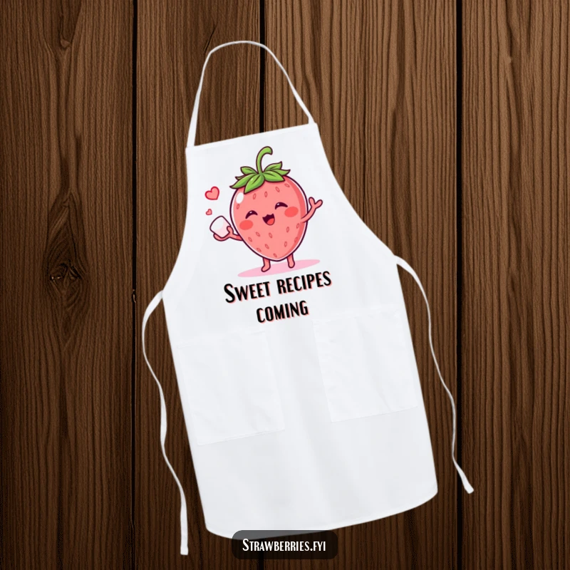 Funny apron featuring a giggling strawberry character juggling a sugar cube, ideal for bakers and cooks who appreciate sweet, humorous kitchenware.