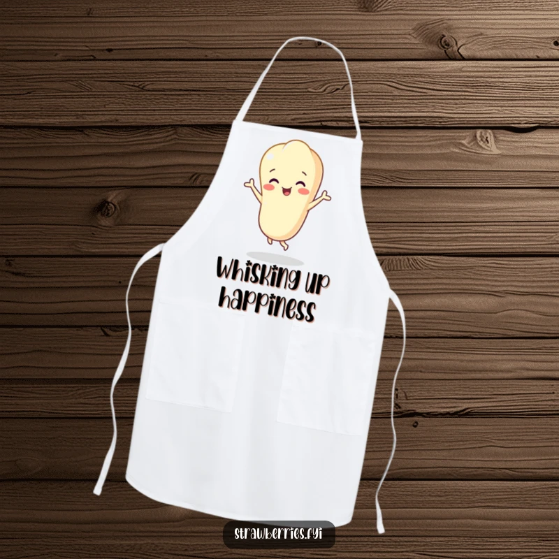 Funny vanilla bean character doing a happy dance, kitchen apron for joyful cooking and baking.