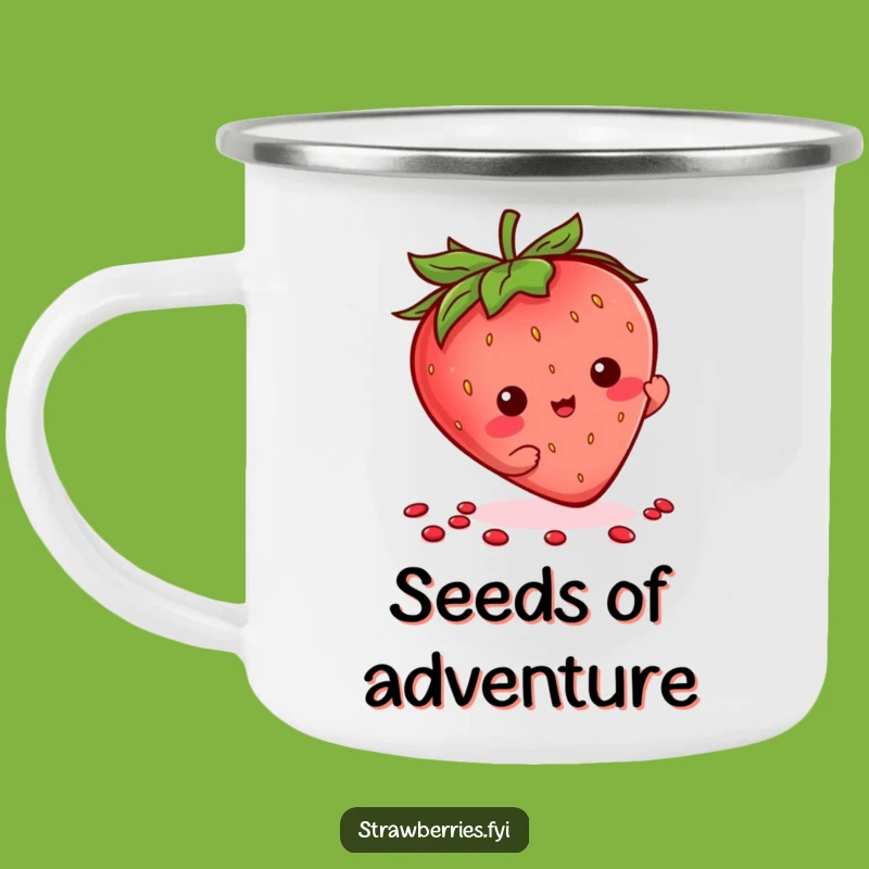 Adventure-Ready Funny Kawaii Strawberry Seed Flourish Camping Mug, Quirky Outdoor Gift