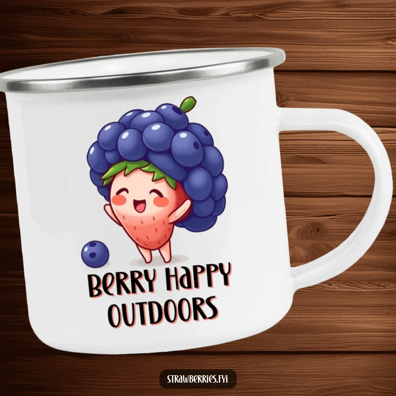 Funny enamel camping mug showing a tiny strawberry character wearing a giant blueberry as a hat, perfect for outdoor humor.