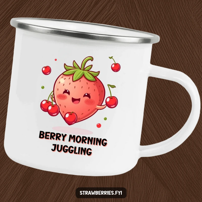 Funny camping mug with a gleeful strawberry juggling tiny cherries, ready for campfire stories and laughs.