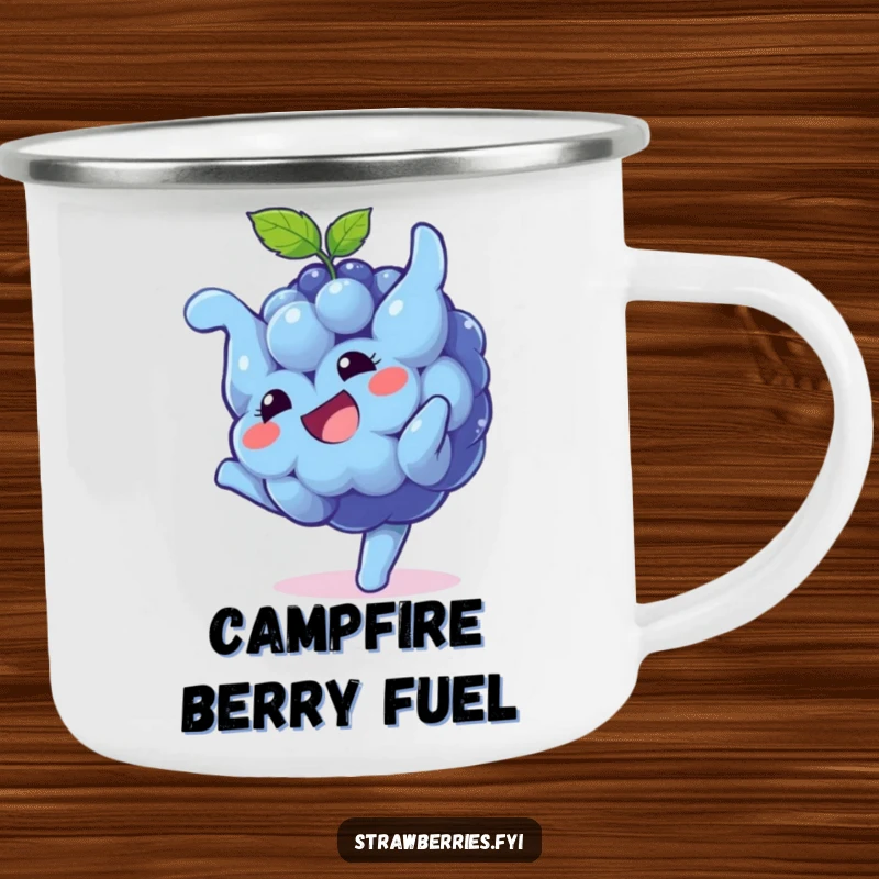 Funny Camping Mug: A playful blueberry character doing a somersault with a big grin, ideal for outdoor sipping and adding humor to camping.