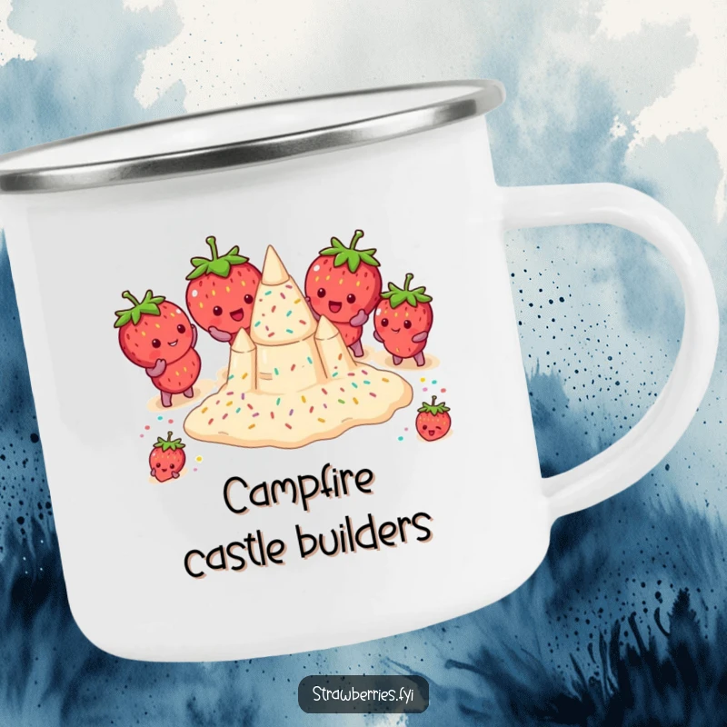 Funny camping mug featuring strawberries building a sprinkle sandcastle, perfect for beachside adventures and humorous drinks.