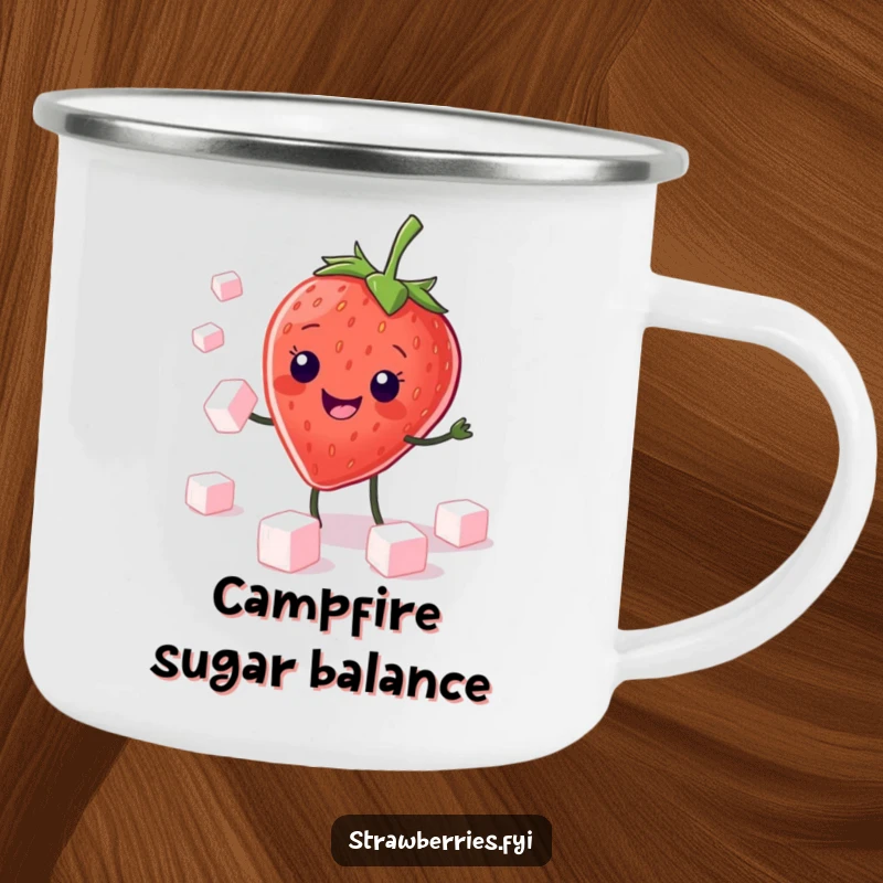 Funny Camping Mug: Kawaii strawberry character grinning while juggling sugar cubes, perfect for enjoying sweet moments outdoors.