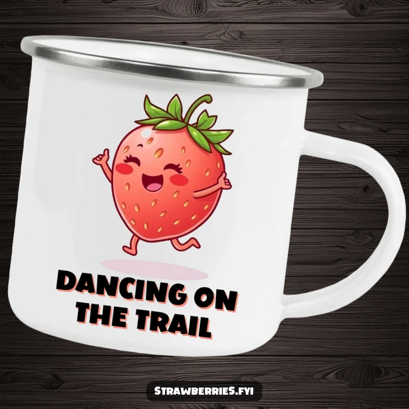 Funny camping mug featuring a cheerful strawberry dancing on a leaf, ready for campfire tunes and laughter.