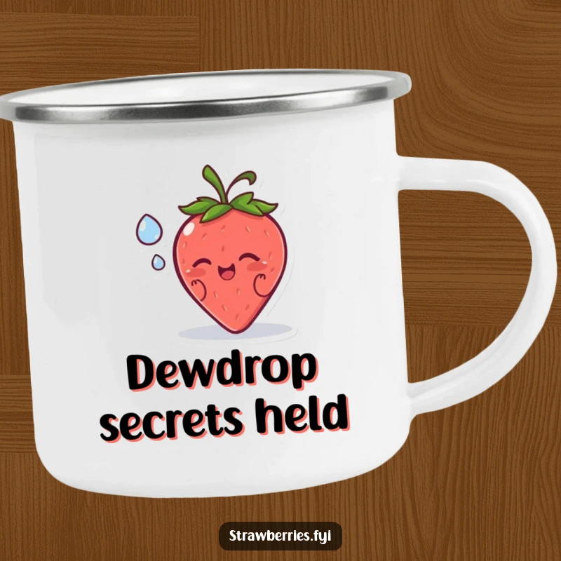 Funny camping mug with a happy strawberry character sharing a secret with a dewdrop, ideal for humorous outdoor sipping.