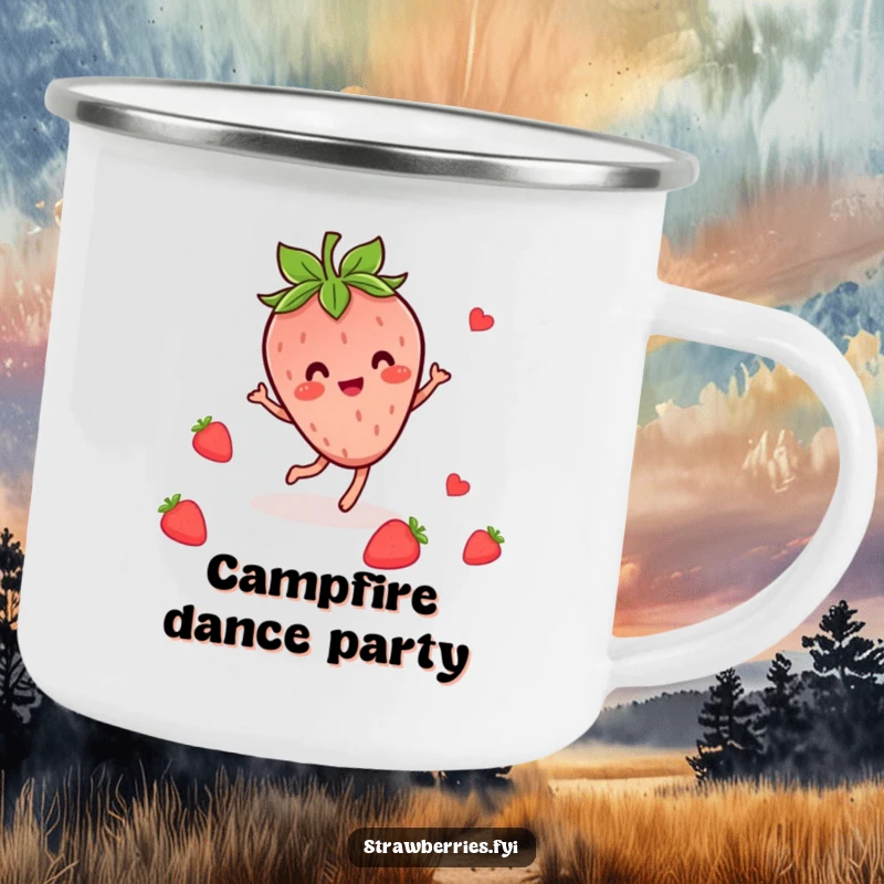 Funny, rugged camping mug showing a cheerful Kawaii strawberry character dancing happily amongst leaves.