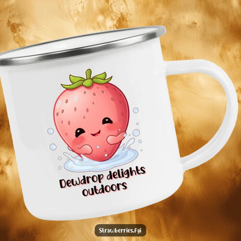 Funny, durable camping mug showing a happy Kawaii strawberry character giggling while splashing playfully in a dewdrop.