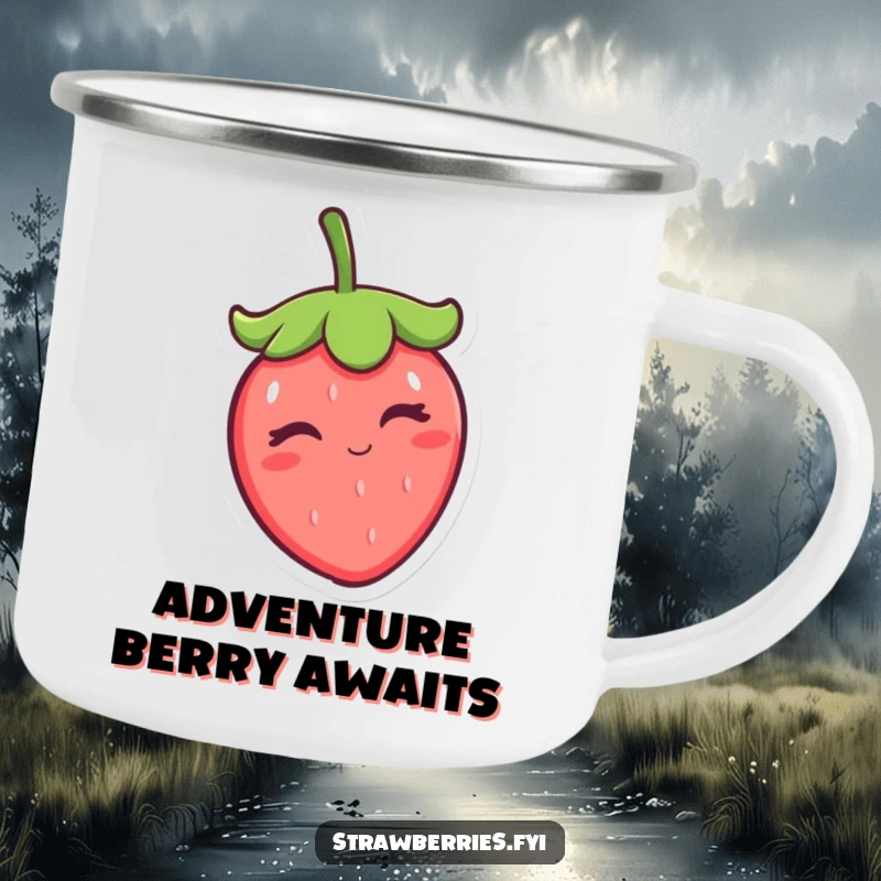 Funny winking kawaii strawberry tipping its cap on a rugged camping mug, built for outdoor fun and humorous refreshment.