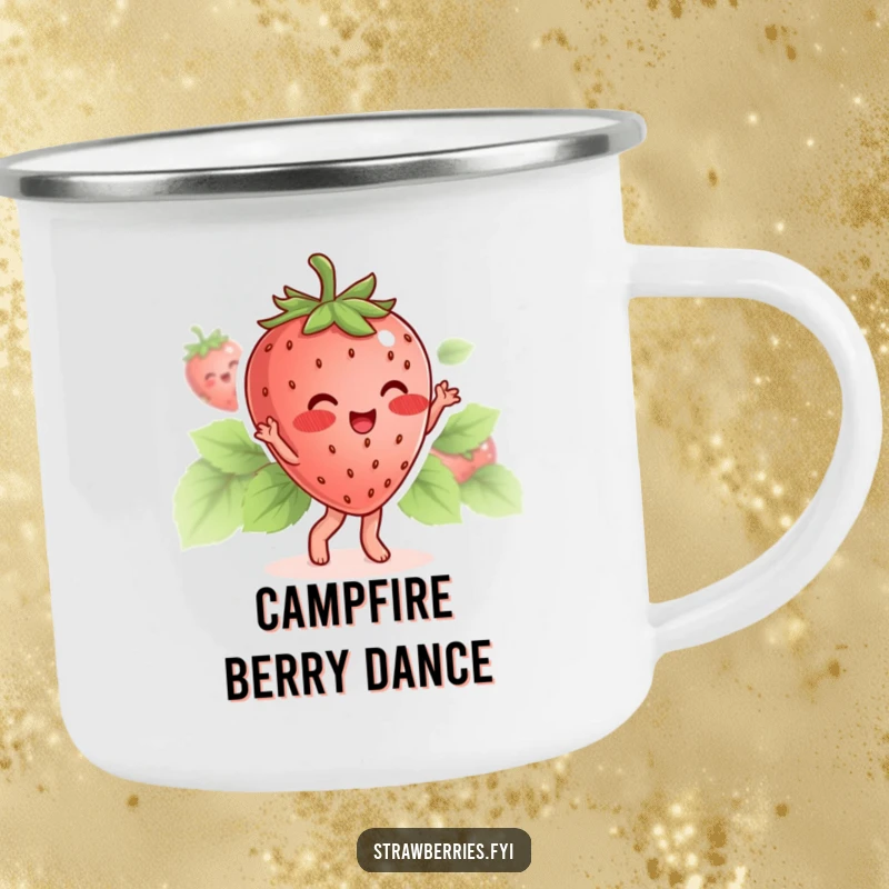 Funny camping mug showing a blushing strawberry character dancing with its leaves, for sweet outdoor fun.