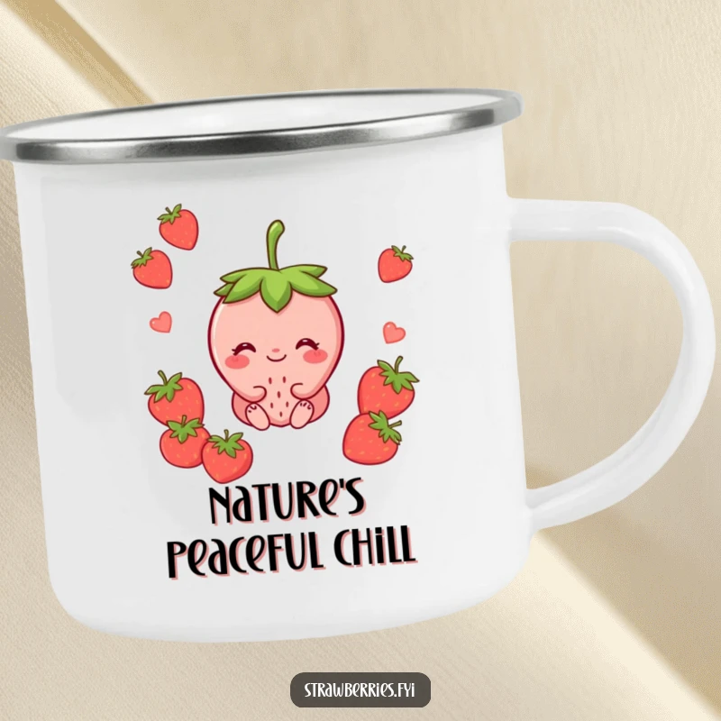 Funny camping mug showing a peaceful strawberry character sitting with a content smile, perfect for calm outdoor moments.