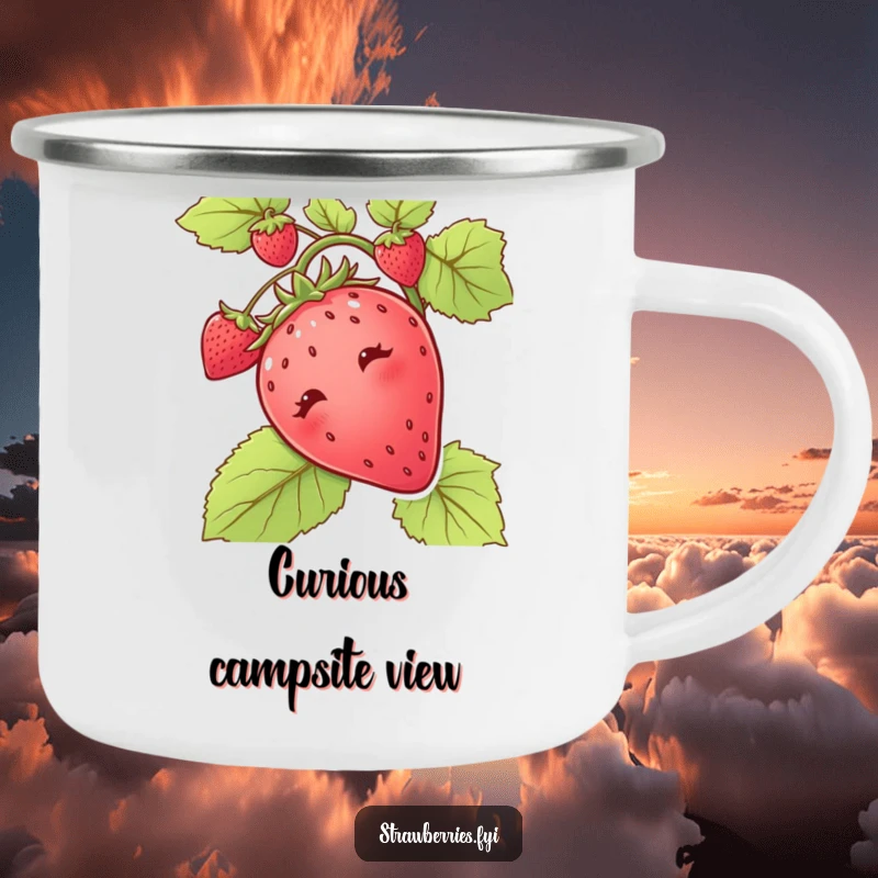 Funny camping mug featuring a curious strawberry peeking out from a vine, ready for campfire tales and discoveries.